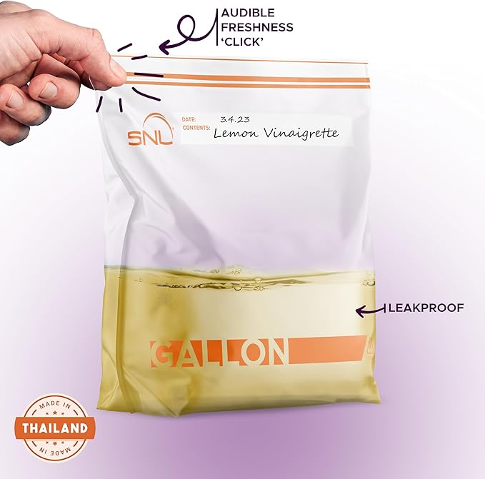 Gallon Food Bags by SNL -200 Bags- Leak-Proof, Clear, Write-On Block, Reclosable, Disposable Storage Bags, Double Seal Zippers with Clicking Noise Zip Confirmation, Stand-Alone Gusset, Easy Dispensing