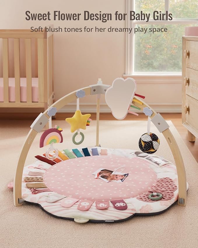 Blissful Diary Baby Play Gym & Activity Mat, 5 Developmental Zones Wooden Tummy Time Mat with 5 Detachable Sensory Toys for Motor Skills & Sensory Development, Baby Essentials Shower Gift, Pink Flower