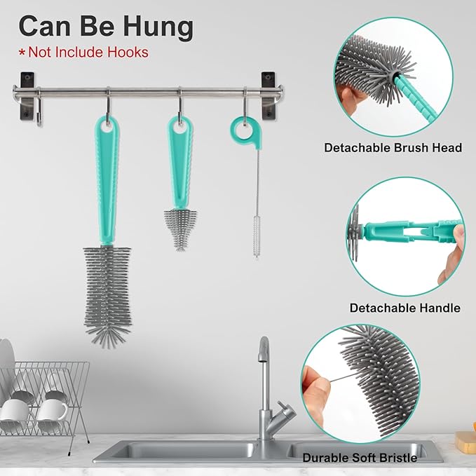 6 in 1 Bottle Brush Set,Bottle Cleaner Brush Kit with Bottle Brush,Drying Rack,Nipple Brush,Straw Brush,Soap Dispenser&Storage Box,Portable Baby Essentials for Home&Travel