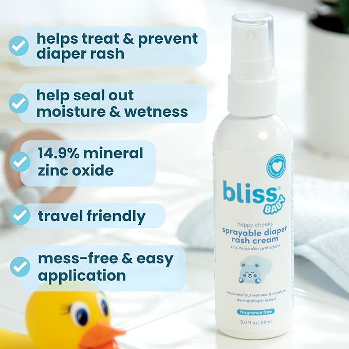 Bliss Baby Diaper Rash Cream Spray - Fragrance-Free, No Touch & Mess-Free, Treats, Soothes & Prevents Diaper Rash, Zinc Oxide, Dermatologist Tested, Vegan, Organic Aloe Vera, Shea Butter & Olive Oil