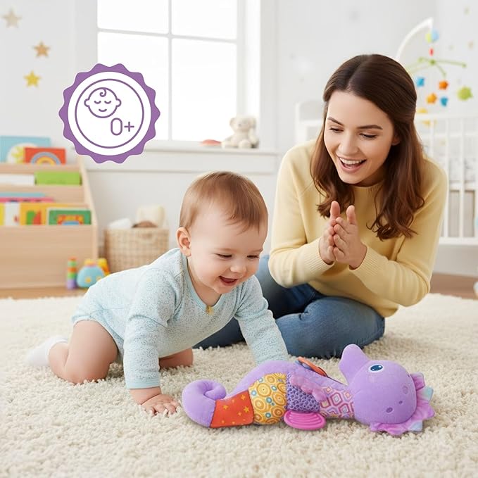 Baby Toys 0-6 Months,Infant Musical Seahorse Stuffed Animals Sensory Toys with Bright Colors,Multiple Textures,Rattles & Crinkle Sound Paper,Tummy Time Toy for Newborn Boys Girls 0-12 Months-Purple