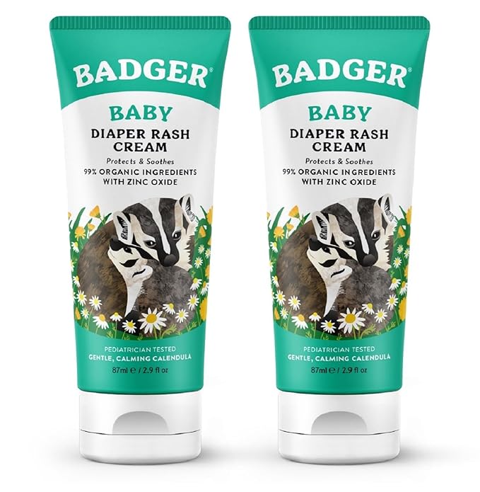 Badger Diaper Cream, 99% Organic Diaper Rash Cream for Baby, Zinc Oxide Ointment w/Soothing Calendula Cream for Sensitive Baby Skin, 2.9 fl oz, 2-Pack