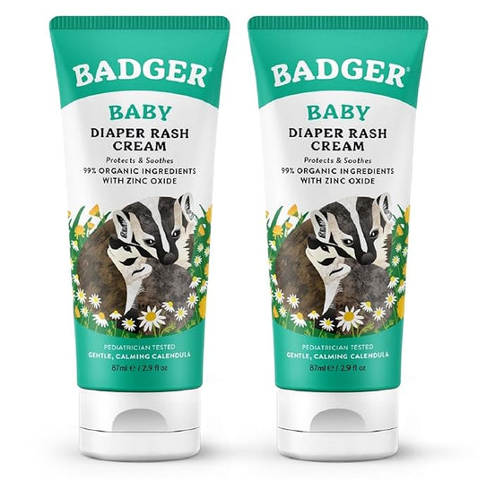 Badger Diaper Cream, 99% Organic Diaper Rash Cream for Baby, Zinc Oxide Ointment w/Soothing Calendula Cream for Sensitive Baby Skin, 2.9 fl oz, 2-Pack