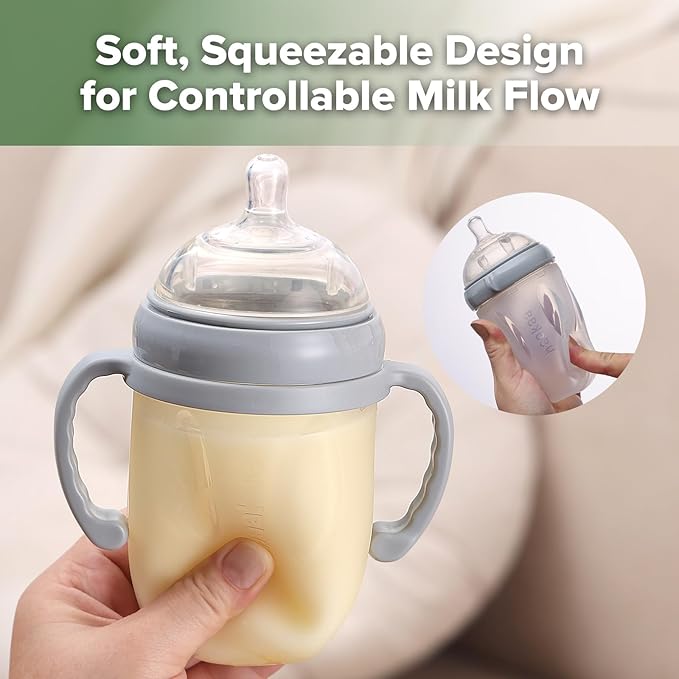 haakaa Gen. 3 Silicone Baby Bottle 250ml /8.4oz – Baby Bottles for Babies 6M+, BPA-Free Breastfeeding Baby Bottle with Natural Latch, Variable Flow Anti-Colic Silicone Baby Bottle– Grey