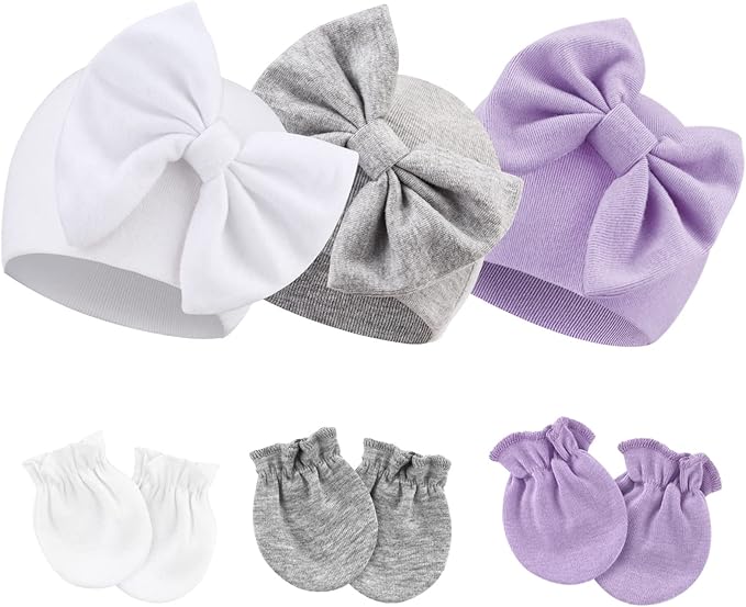 BQUBO Newborn Girls Hats Baby Hat and Mittens Set Infant Caps Bow Hospital Beanie with No Scratch Mittens for Baby Boys Girls