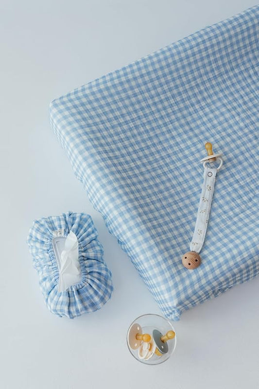 Baby Wipes Cover – Universal Size, One Size Fits All Wipes Packages | Muslin Cotton Tissue Cover for Nursery, Diaper Bag & Changing Table, Station | Gingham & Neutral Patterns (Baby Blue Gingham)