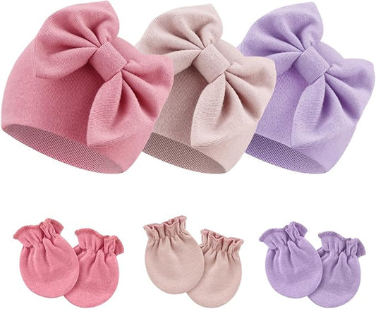 BQUBO Newborn Girls Hats Baby Hat and Mittens Set Infant Caps Bow Hospital Beanie with No Scratch Mittens for Baby Boys Girls