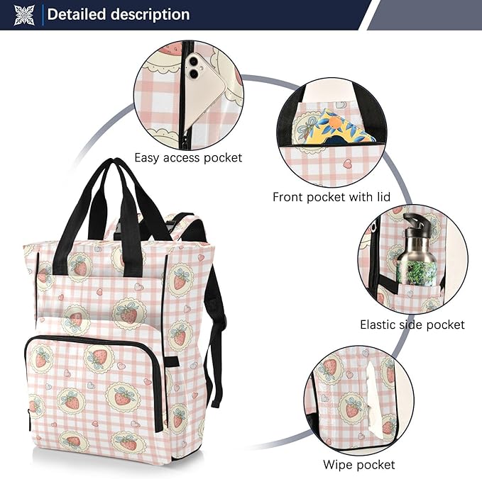 Emelivor Strawberry Heart Gingham Diaper Bag Backpack Large Capacity with Insulated Pockets Baby Bag Diaper Bags for Boy Girl Travel Mom Women Men