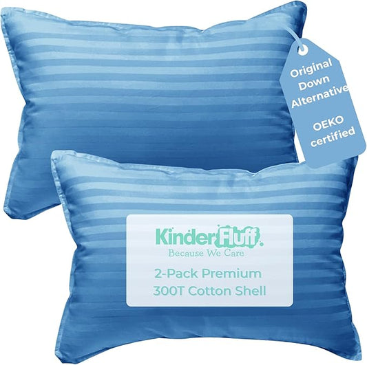 kinder Fluff Mini Toddler Pillows (2-Pack) 10x15in- The only Pillow for Kids 300T Cotton Shell & Down Alternative Fill - Machine Washable, Ideal Pillow for Kids Above 2 Years- Blue- XS