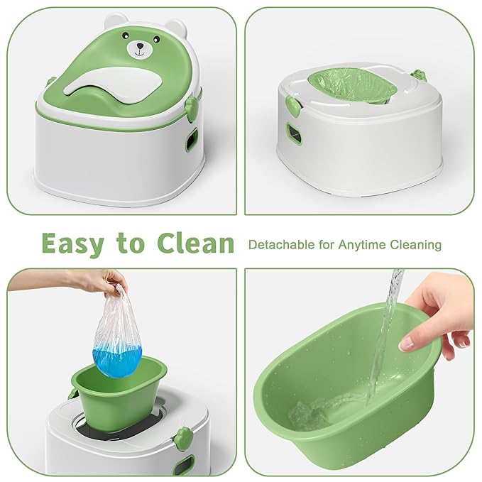 3-in-1 Potty Training Toilet, Portable Potty, Potty Training Seat and Toddler Step Stool, Easy Setup and Clean, Anti-Slip Toddler Potty Trainer for Boy Girl,Green