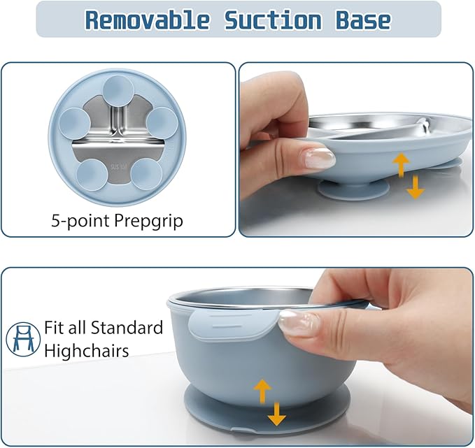 Stainless Steel Kids Plates and Bowls Set with Suction, Divided Baby Plate and Toddler Bowl with Removable Silicone Suction,Stainless Steel Weaning Bundle, Silicone Baby Feeding Set (Blue)