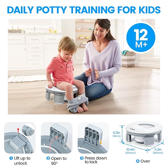 Orzbow Portable Potty Training Toilet for Boys and Girls with Storage Bag - Foldable Travel Potty Chair, Toddler Potty Seat for Indoor and Outdoor, Easy to Clean, Includes Free 40pcs Travel Bags, Gray