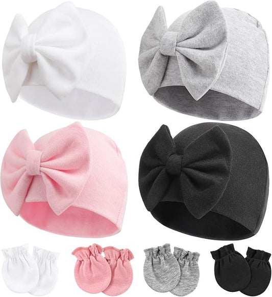 Newborn Baby Hats and Mittens Set Infant Bow Beanie Cap Toddler Gloves Newborn Hospital Hats for Baby Boy Girl 0-6 Months