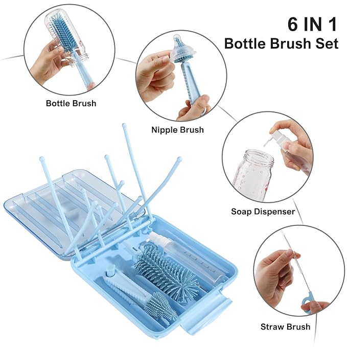Bottle Brush Set -Baby Travel Essential-6 in 1 Bottle Cleaner Kit with Silicone Bottle Brush,Nipple Cleaner Brush,Straw Brush,Soap Dispenser,Storage Box,Bottle Drying Rack for Home and Travel(Blue)