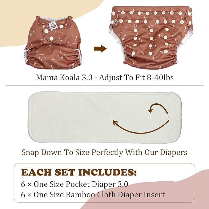 Mama Koala 3.0 Cloth Diapers for Babies with AWJ Lining, 6 Pack with 6 5-Layer Natural Cloth Diaper Inserts - Reusable and Washable Pocket Diapers(A-Spring Sprouts)