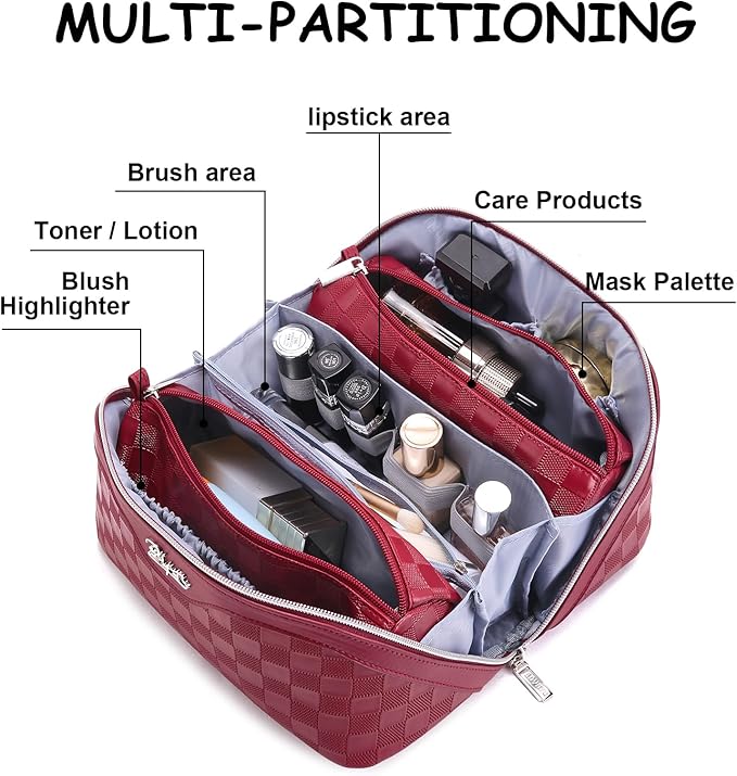 BOYATU Travel Makeup Bag Organizer Cosmetic Bag: 3 Pcs Set Make up Bags for Women with Handle - Waterproof Vegan Leather Toiletry Bags Travel Essentials Pouch with Compartments (08-Red)