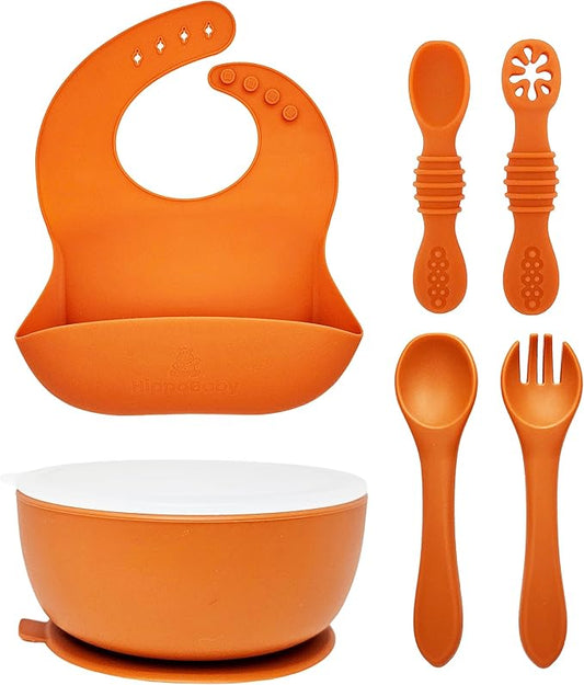 6 Piece Baby Bowls With Suction and Lids | Toddler Bowl Set with 1 Bowl, 1 Bib, 2 Baby Spoons, 1 Large Spoon, 1 Large Fork, Baby Feeding Essentials (1, Autumn)
