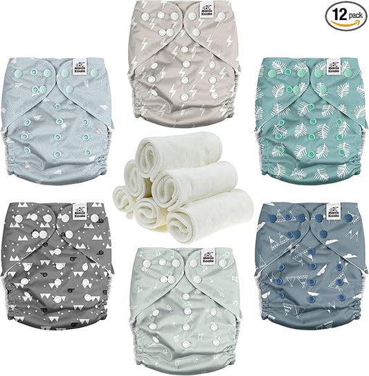 Mama Koala 3.0 Pocket Cloth Diapers for Babies with Suede Cloth Lining, 6 Pack with 6 4-Layer Natural Cloth Diaper Inserts - Reusable and Washable Pocket Diapers(S-The Gray Sky)