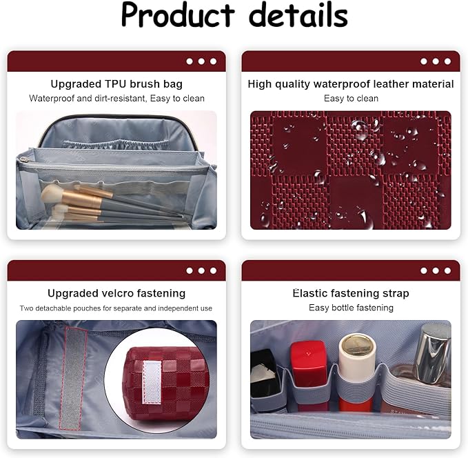 BOYATU Travel Makeup Bag Organizer Cosmetic Bag: 3 Pcs Set Make up Bags for Women with Handle - Waterproof Vegan Leather Toiletry Bags Travel Essentials Pouch with Compartments (08-Red)