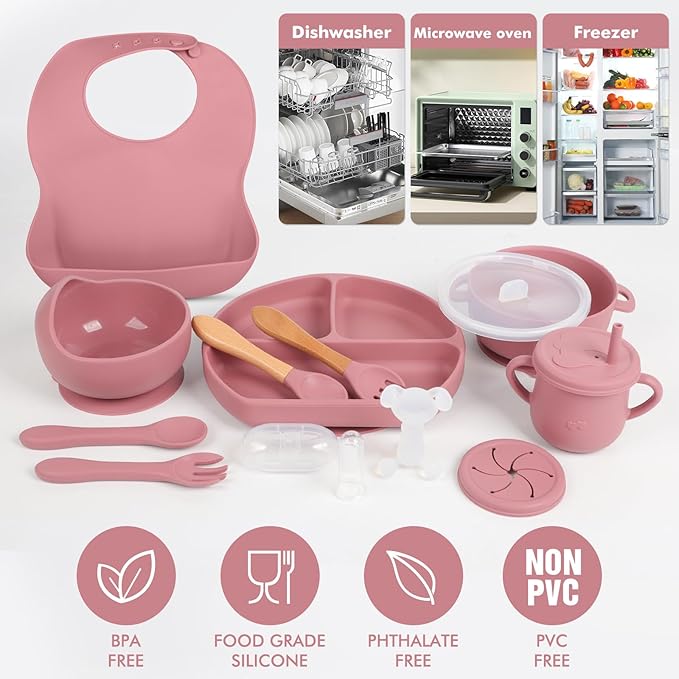 Silicone Baby Feeding Set 15 Pcs，Baby Spoons Suction Bowl Divided Plate Bib Cup Finger Brush ，Baby Led Weaning Supplies,Baby & Toddler Silicone Plates and Bowls Dining Set（pink）