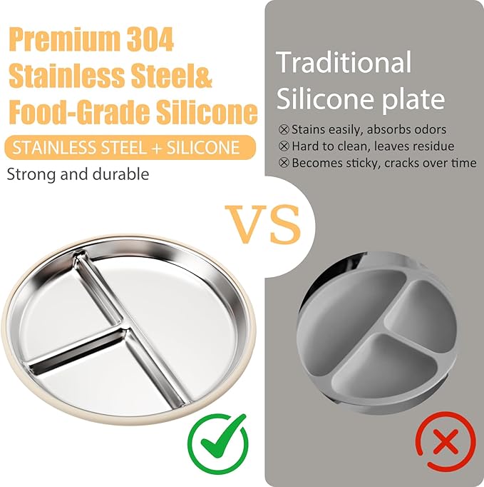 Stainless Steel Baby Plate and Bowls with Suction, Divided Kids Baby Plate and Toddler Bowl with Removable Silicone Suction, Non-Slip Baby Feeding Set Dishwasher Safe，4 Packs