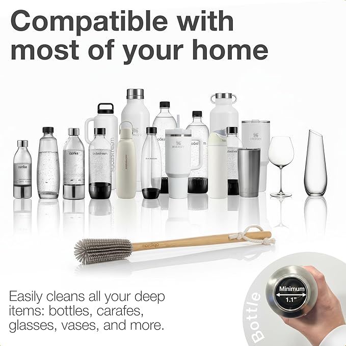 Extra Long Bottle Brush – 16" Bamboo Handle & Flexible Hygienic Silicone Head – Compatible with Sodastream (Not Aqua Fizz), Aarke Plastic Bottles, Vases, Tumblers | BPA Free | Scratch-Free