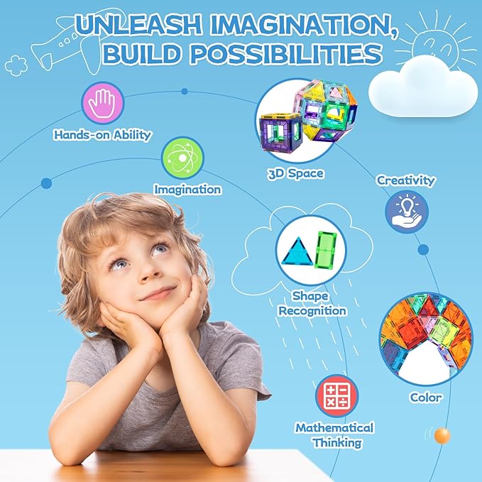 EchoPlan Magnetic Tiles,Deluxe 130 PCS Magnetic Blocks with 2 Cars,Magnet Tiles Building Blocks Set,STEM Preschool Sensory Educational Toys Gifts for Toddlers Kids Boys 3 4 5 6 7 8 9+ Year Old