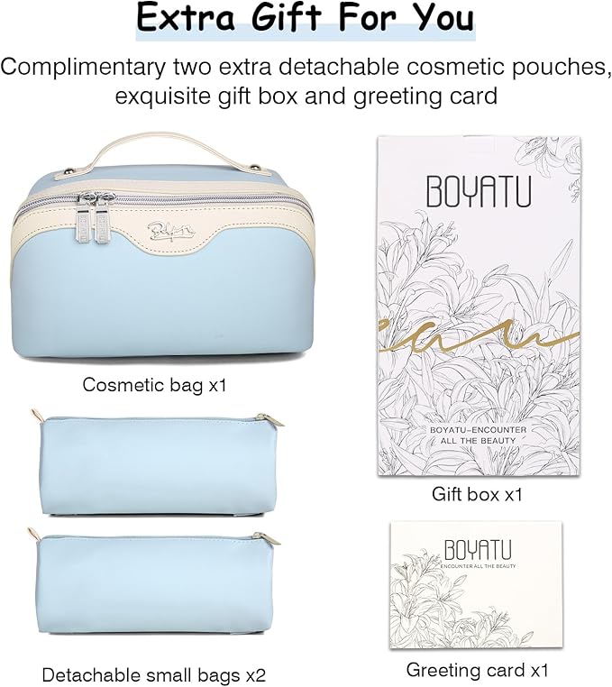 BOYATU Travel Makeup Bag Organizer Cosmetic Bag: 3 Pcs Set Make up Bags for Women with Handle - Waterproof Vegan Leather Toiletry Bags Travel Essentials Pouch with Compartments (D-05-Blue)