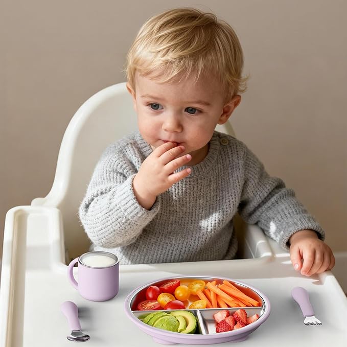 Stainless Steel Baby Plate with Suction, 8” Divided Toddler Plates with Removable Silicone Sleeves for Kids, Non-Toxic Non-Slip Unbreakable Dishwasher Safe Dinnerware Set of 2, Pink & Lilac