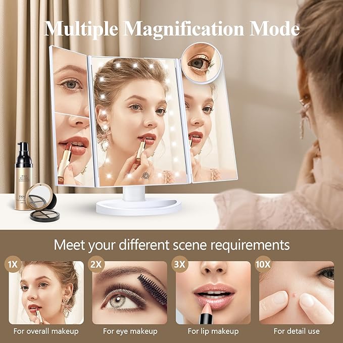 HUONUL Makeup Mirror Vanity Mirror with Lights, 2X, 3X, 10X Magnification, Touch Control, Trifold, White, 9.4" L x 13.4" W, Modern Style, Dresser Mount, Bathroom