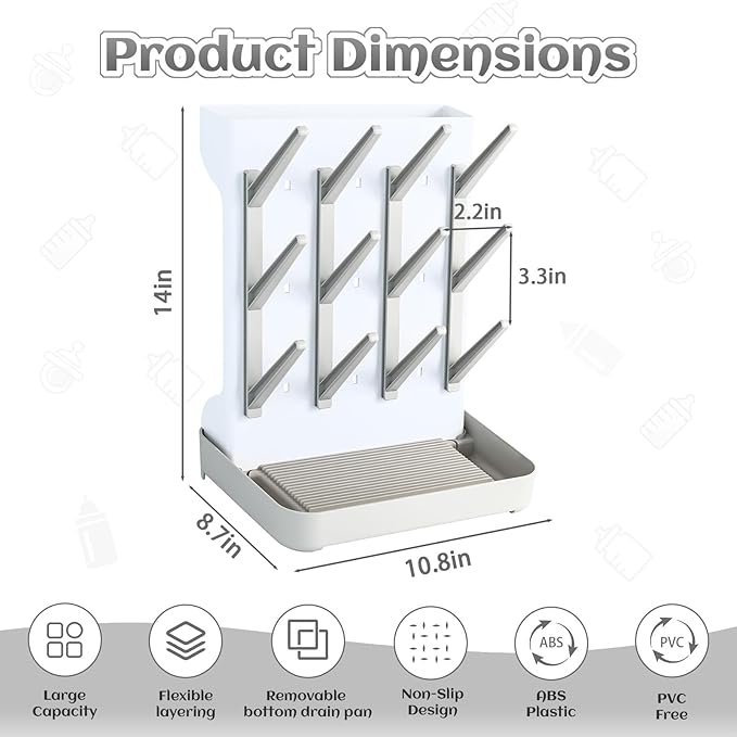 Baby Bottle Drying Rack - Vertical Space Saving Design with 12 Pegs, Holds Bottles, Pump Parts & Pacifiers, Dishwasher Safe & Quick Drain, Gray