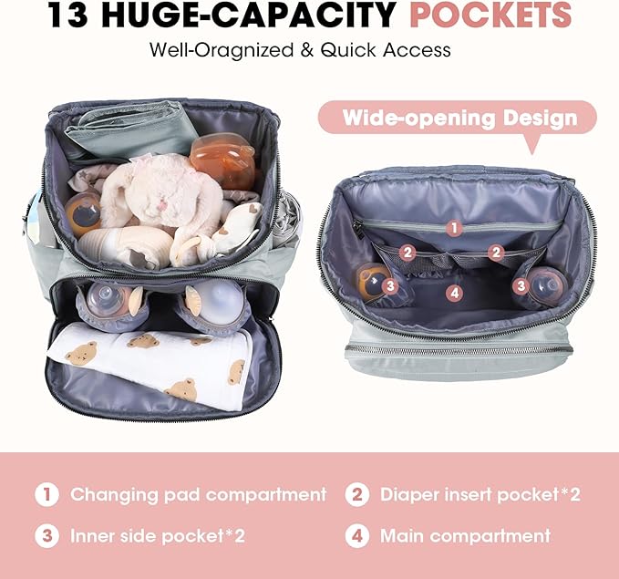 Baby Diaper Bag, Multi-Function Baby Bag for Mom Dad, Diaper Backpack with Changing Pad Stylish Pañaleras para Bebe Stroller Straps, Newborn Baby Essentials Must Haves for Women Grey Green