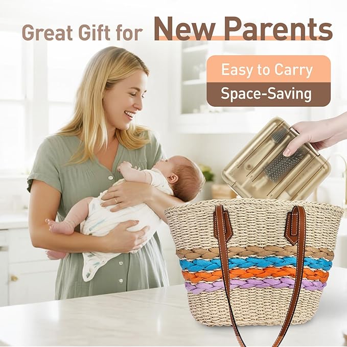 Baby Bottle Brush Set, 6-in-1 Travel Bottle Cleaning Kit with Silicone Bottle Brush, Nipple & Straw Brush, Soap Dispenser, Drying Rack, Storage Box – Compact Travel Baby Essential for Home & On-The-Go