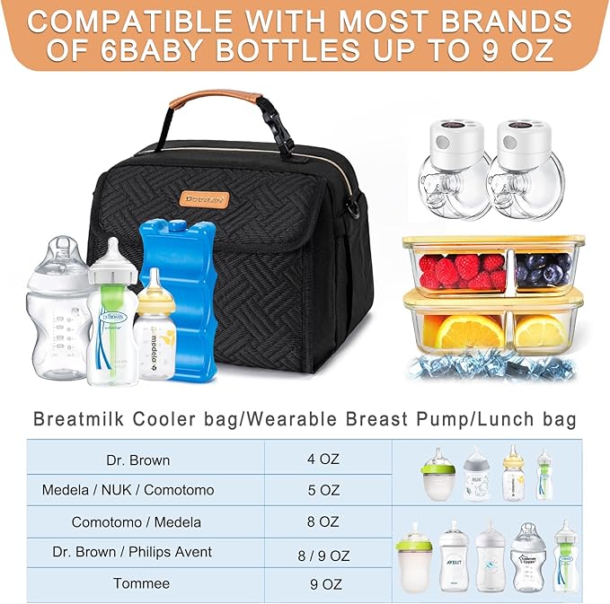 Breast Milk Cooler Bag with Ice Pack Fits 6 Bottles Milk Up to 9 Ounce, Breast Pump Cooler Bag for Nursing Mom Daycare, Work&Travel, Black