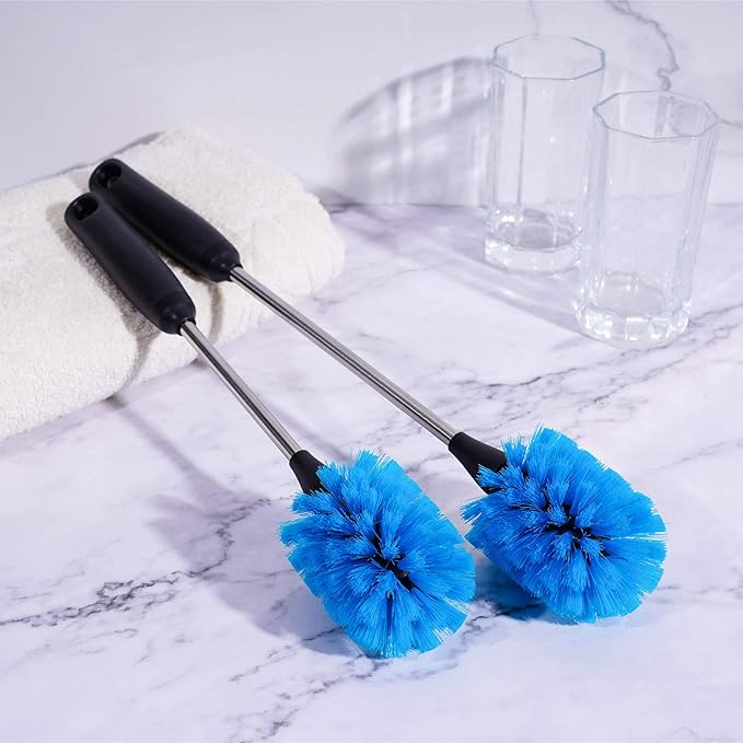 Stainless Steel Bottle Brush with Replaceable Head, Long Handle Scrub Brush for Water Bottles, Glasswares, Mugs, Flasks, Tumblers, Vases, and Kitchen Sink, 2 Pack, 13 in - 15 in
