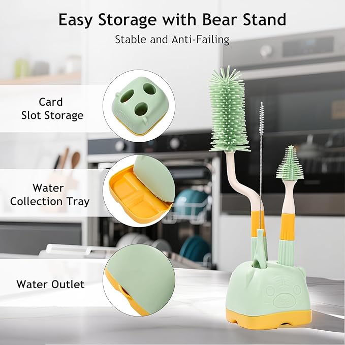 3-Pack Baby Silicone Bottle Brush Set, Bottle Cleaner, Bottle Brush with Storage Holder, Food Grade Silicone, Effortless Scrubbing, Baby Bottle Cleaning Brush (Green)