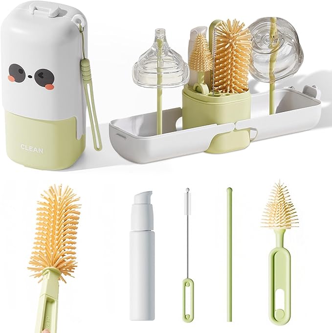 7-in-1 Baby Bottle Brush Set, Silicone Bottle Brush, Nipple Brush, Straw Cleaner, Travel Bottle, Drying Rack, Cleaning Kit