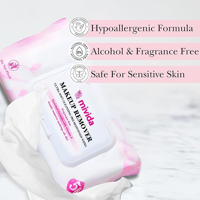 Mivida Hypoallergenic Makeup Remover Wipes | Daily Cleansing Facial Towelettes with Vitamin E For Sensitive Skin | 50 Count Fragrance-Free, Alcohol-Free Face Wipes