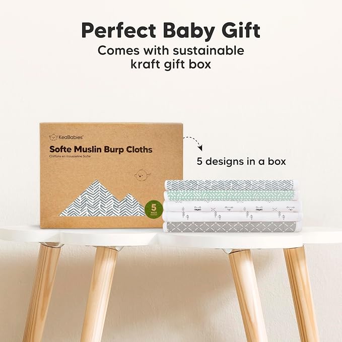 5-Pack Muslin Burp Cloths Baby Boy, Girl - Very Absorbent Baby Burp Cloth Rags, 8-Layers Viscose Derived from Bamboo Cotton Muslin Towel, Super Soft Spit Up Rags, No Shrink Washcloths (Nordic)