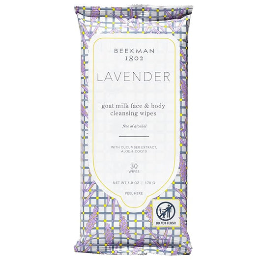 Beekman 1802 Face & Body Wipes, Lavender - Scented - 30 Count - Cleanses - With Goat Milk, Aloe & Vitamin E - Alcohol Free, Biodegradable - Good for Sensitive Skin - Cruelty Free