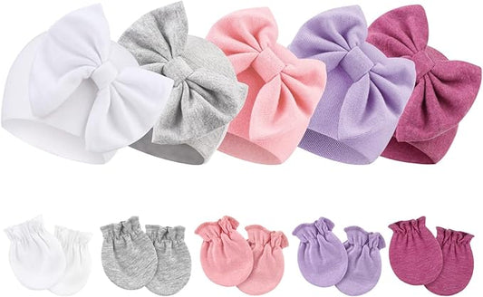 BQUBO Newborn Baby Girls Hats Mittens Set Hospital Hat Beanie Infant Bow Hats Baby Cotton Gloves for 0-6 Months