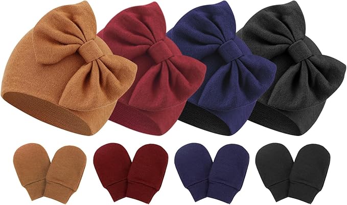 Newborn Baby Hats and Mittens Set Infant Bow Beanie Cap Toddler Gloves Newborn Hospital Hats for Baby Boy Girl 0-6 Months