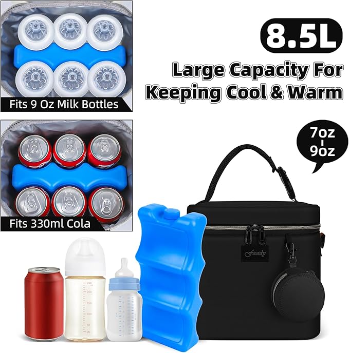 Breastmilk Cooler Bag with Ice Pack, Insulated Baby Bottle Tote Bag for 6 Bottles Up to 9 oz, Clip-On Pouch for Baby Essentials, Leakproof, Waterproof, Shoulder Strap for Nursing Moms