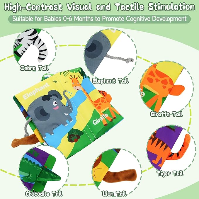 Baby Books Toys 0-12 Months with Teether,Tummy Time Crinkle Sensory Toys,High Contrast Touch & Feel Soft Book, Early Learning Infant Toys,Shower Gift for Boys Girls (Jungle Animal)