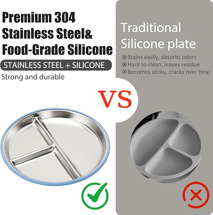 Stainless Steel Baby Plate and Bowls with Suction, Divided Kids Baby Plate and Toddler Bowl with Removable Silicone Suction, Non-Slip Baby Feeding Set Dishwasher Safe，4 Packs