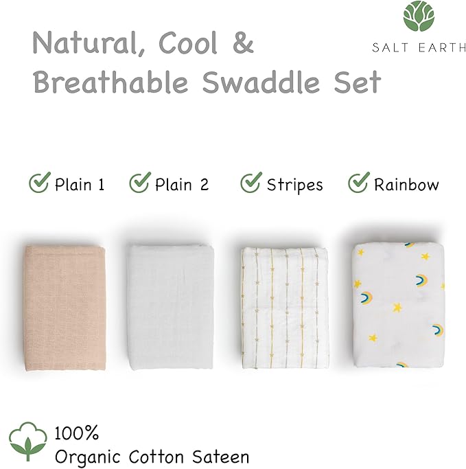 Salt Earth GOTS Certified 100% Organic Cotton 2-Layered Swaddle Baby Blanket, 4 Pack, 47"x47" Receiving Blankets for Swaddling, Wrap for Boy & Girl, Newborn Baby Essentials, Registry(Solids & Rainbow)