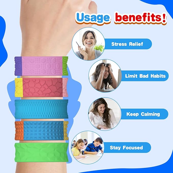 Sensory Fidget Toys Slap Bracelets: 6PC Textured Silicone Sensory Toys for Autism, Fidgets for Kids, Teens & Adults, Anxiety & Stress Relief - Ideal for Classroom Rewards, Party & Special Needs Gifts