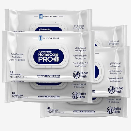 Homecare Pro Oversized Daily Cleansing Adult Wipes With 6 Moisturizers Wet Cleansing, Rinse Free, Bathing Wipes, Hospital Grade pH Balanced for Fragile Skin - | 48 Count XL |- 6 Pack