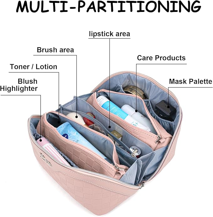 BOYATU Travel Makeup Bag Organizer Cosmetic Bag: 3 Pcs Set Make up Bags for Women with Handle - Waterproof Vegan Leather Toiletry Bags Travel Essentials Pouch with Compartments (G-13-Pink)