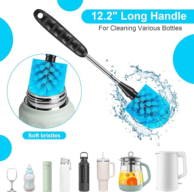 Water Bottle Cleaner Brush, Cup Cleaner Brush Set – 3-Pack 12.2” Stainless Steel Long Handle Brushes for Water Bottles, Baby Bottles, Coffee Cups, Flasks, Straws & Travel Tumblers
